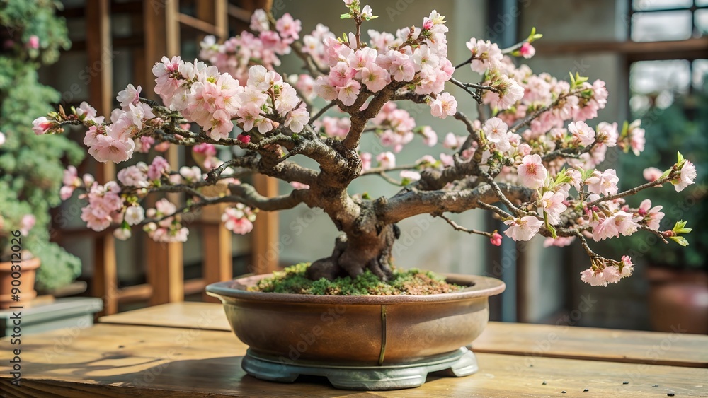 A miniature cherry blossom bonsai tree in a pot, covered in pink flowers. The artfully shaped branches and petals create a sense of tranquility and harmony.
A miniature cherry blossom bonsai tree in a pot, covered in pink flowers. The artfully shaped branches and petals create a sense of tranquility and harmony.