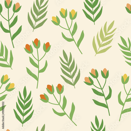 Vectors illustrated seamless pattern of meadow flowers and plant on beige background