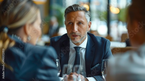 A businessman engaged in a serious conversation with colleagues in a modern restaurant setting, showcasing professionalism and focus. © Phichaphat