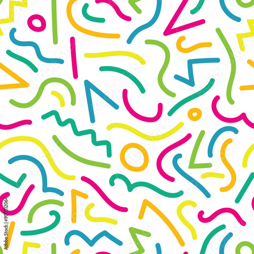 Abstract seamless pattern with colorful shapes, lines and circles on white background