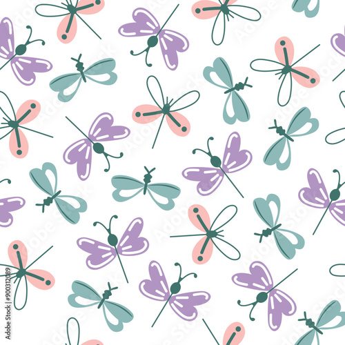 Cute seamless pattern with colorful butterflies on white background 