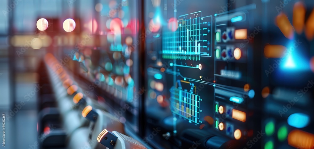 Futuristic control panel with glowing screens and data displays, ideal for technology and data visualization themes. Futuristic control panel with glowing screens and data displays, ideal for technology and data visualization themes.