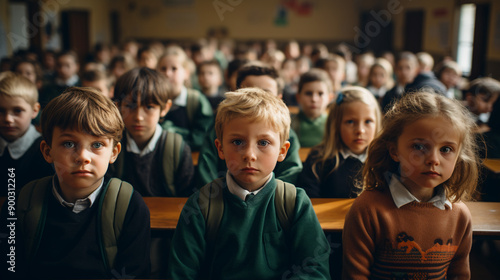 Class selfie in an elementary school. Kids taking a picture together in a co-ed school, photography.