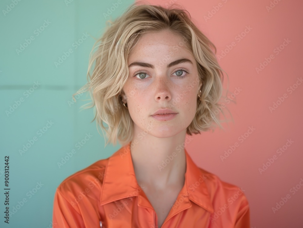 Portrait of a Woman With Short Blond Hair in a Coral Background Portrait of a Woman With Short Blond Hair in a Coral Background