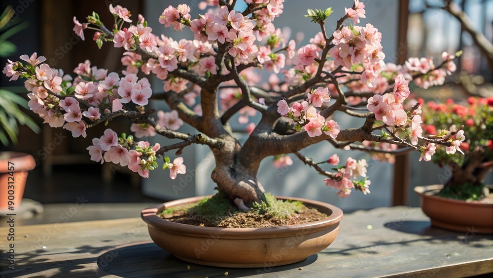 A miniature cherry blossom bonsai tree in a pot, covered in pink flowers. The artfully shaped branches and petals create a sense of tranquility and harmony.
A miniature cherry blossom bonsai tree in a pot, covered in pink flowers. The artfully shaped branches and petals create a sense of tranquility and harmony.