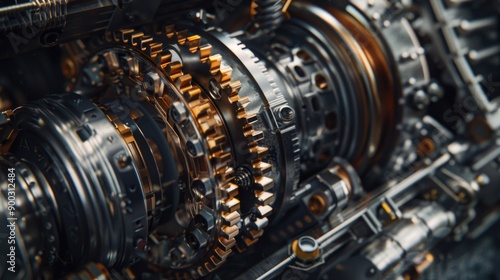 A detailed view of a machine's internal mechanisms, featuring interlocking gears and metal components © Fotograf