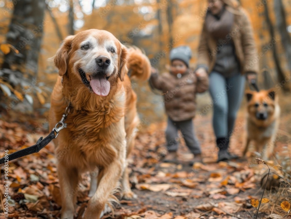 a family of three, with a young child and a dog, enjoying a walk in the woods during fall a family of three, with a young child and a dog, enjoying a walk in the woods during fall