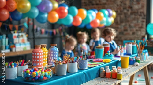 A DIY craftthemed birthday party with kids painting, making crafts, and a table full of colorful art supplies