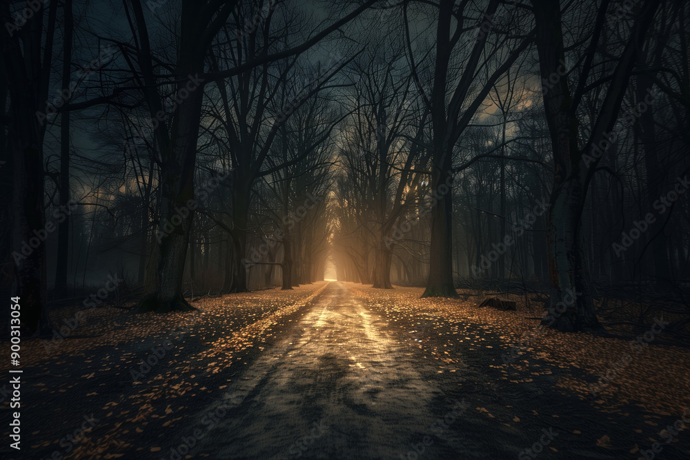 Obraz premium A misty forest path covered in fallen leaves on a gloomy day.