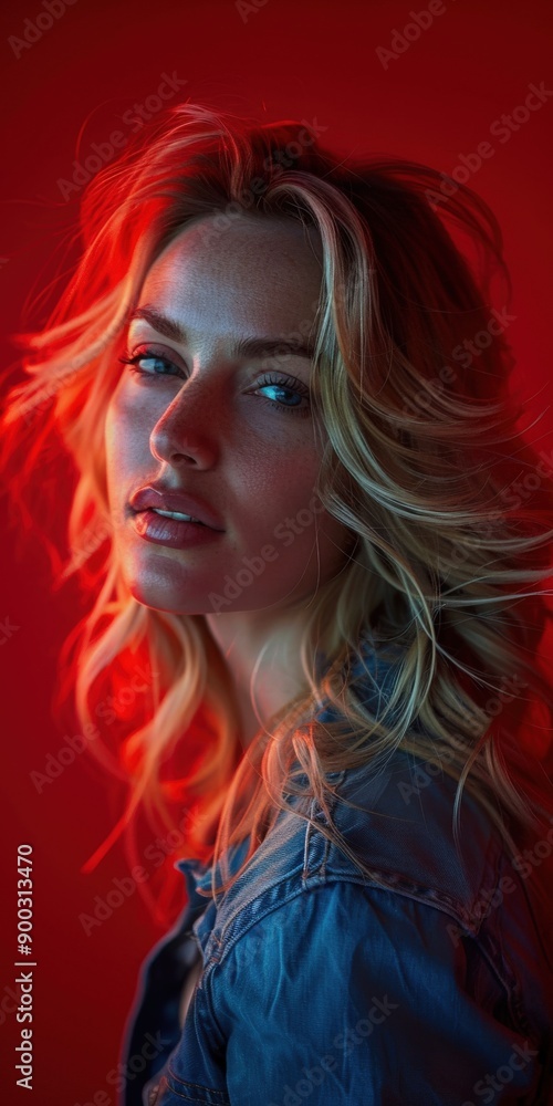 Obraz premium Young Woman With Blonde Hair Posed Against a Red Background