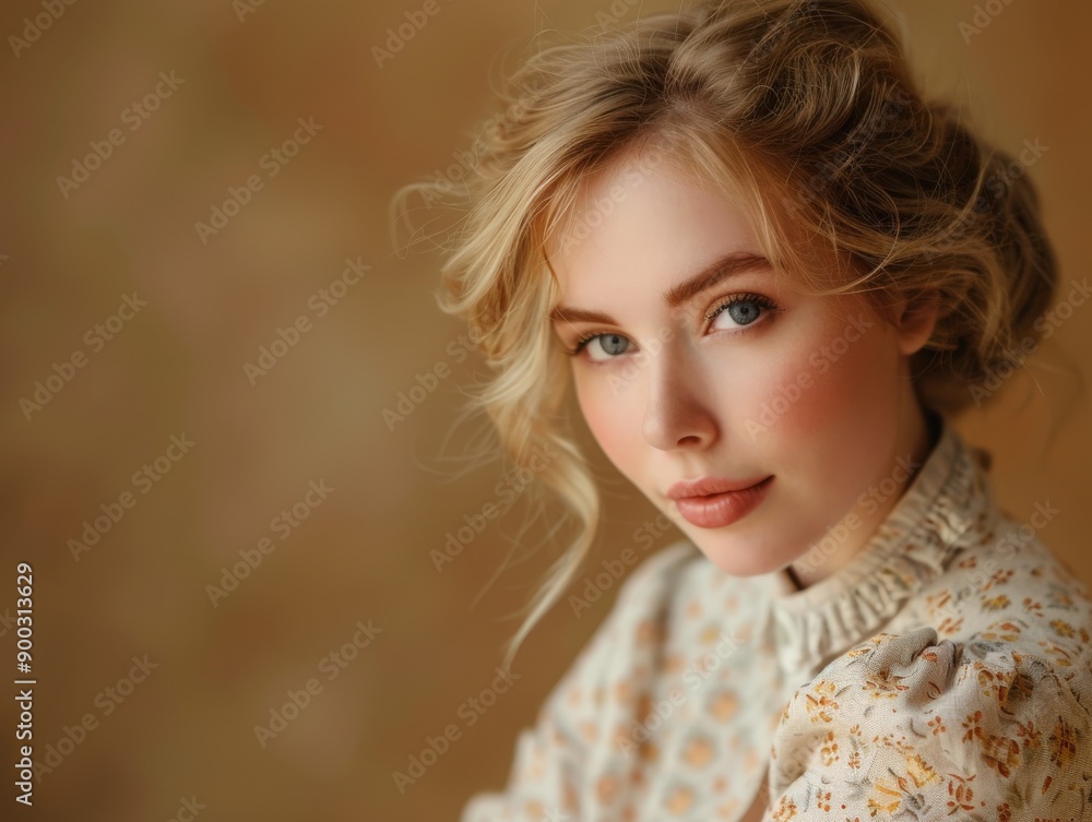 Young Woman in Floral Blouse Posing Against Soft Neutral Background Young Woman in Floral Blouse Posing Against Soft Neutral Background