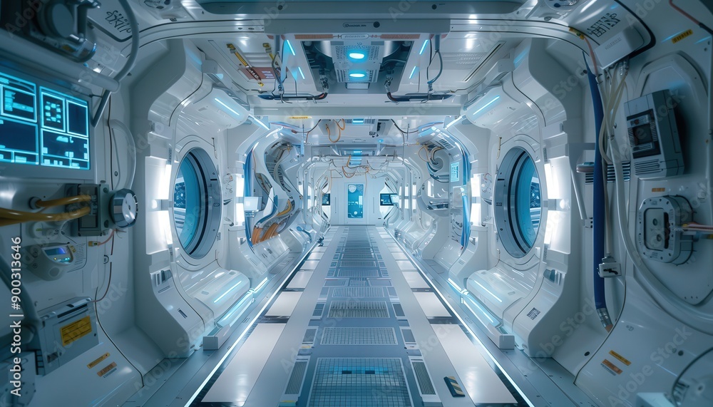 Futuristic spaceship corridor with high-tech interfaces and glowing lights, showcasing modern space travel design. Futuristic spaceship corridor with high-tech interfaces and glowing lights, showcasing modern space travel design.