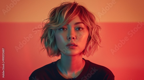 Young Woman With Short Hair in Vibrant Colorful Lighting