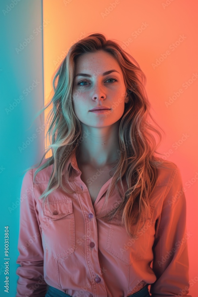 Portrait of a Woman With Wavy Hair Against Colorful Backdrop Portrait of a Woman With Wavy Hair Against Colorful Backdrop