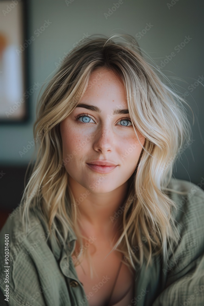 Portrait of a Young Woman With Blue Eyes in a Cozy Indoor Setting Portrait of a Young Woman With Blue Eyes in a Cozy Indoor Setting