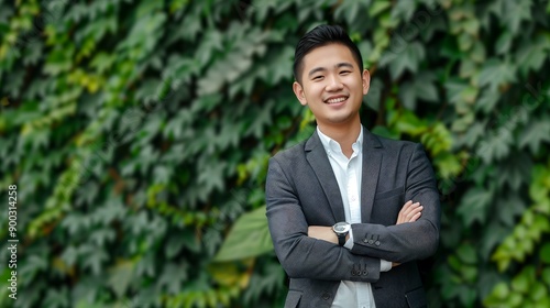 Confident Asian Man in Suit Against Green Foliage