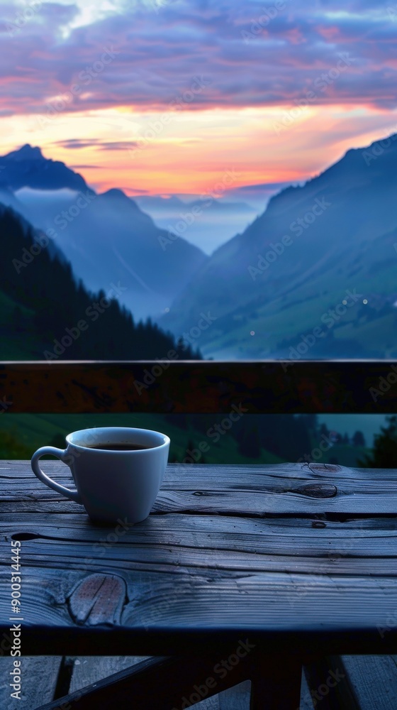 Serene Morning View of Mountains With Coffee Cup at Sunrise Serene Morning View of Mountains With Coffee Cup at Sunrise