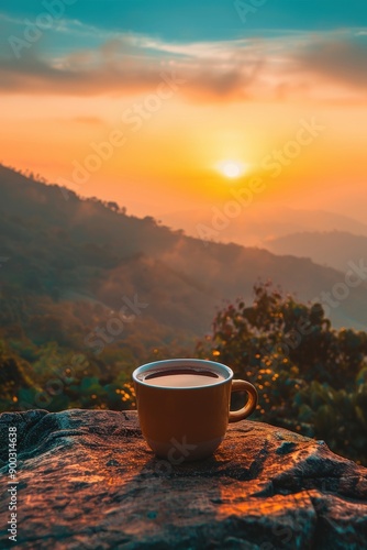 Morning Coffee With Scenic Sunrise Over Misty Mountains