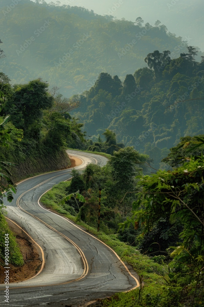 A winding road runs through a dense forest with tall trees and overgrown vegetation A winding road runs through a dense forest with tall trees and overgrown vegetation