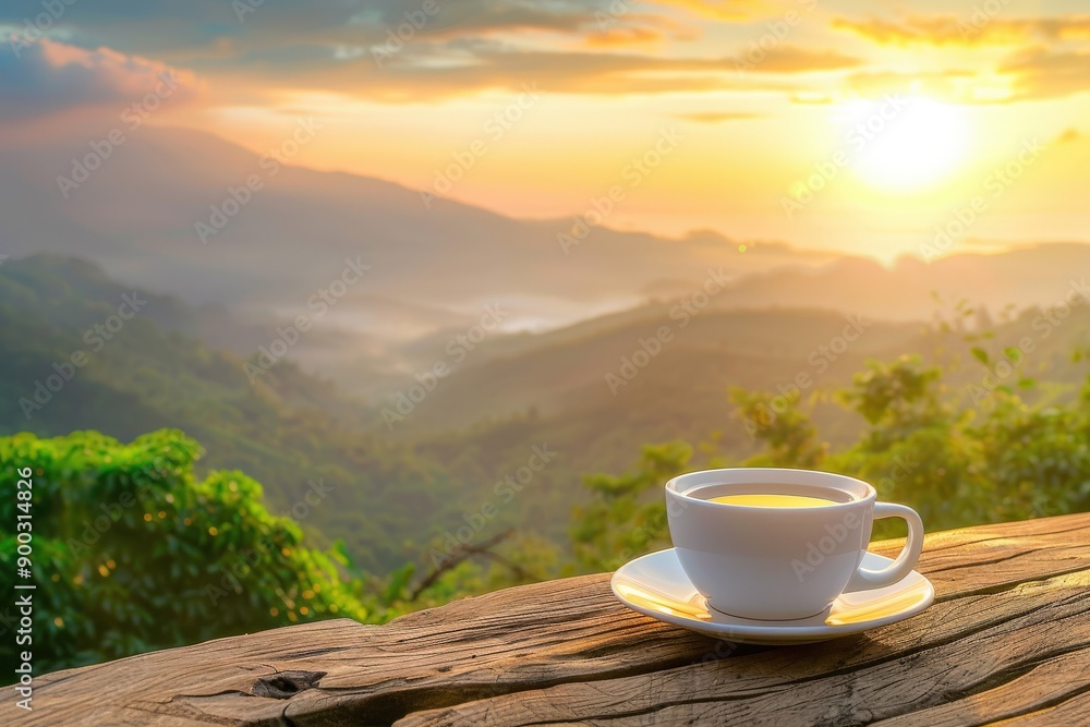 Morning Coffee Overlooking a Serene Mountain Landscape at Sunrise Morning Coffee Overlooking a Serene Mountain Landscape at Sunrise