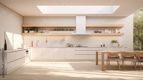 Interior of Kitchen modern home white room and bright design furniture, Wood table and countertop, Luxury contemporary style.