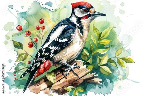 Vivid watercolor  woodpecker on tree trunk, foraging larvae with vibrant strokes