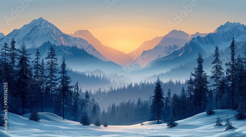 vector, illustration, Vector flat mountains landscape. Winter beautiful blue mountains landscape with a forest