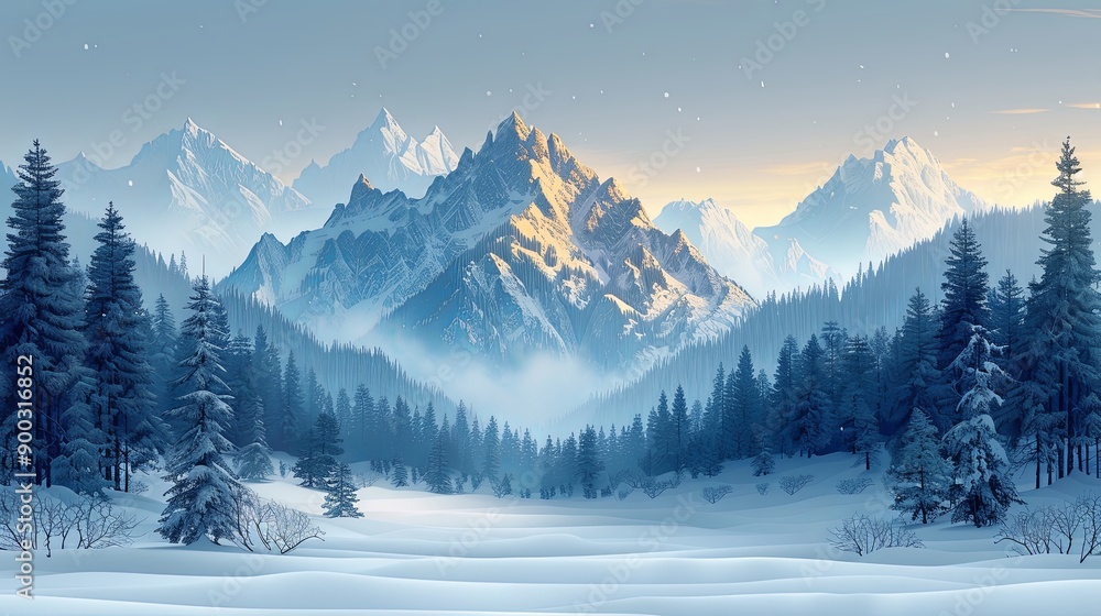 vector, illustration, Vector flat mountains landscape. Winter beautiful blue mountains landscape with a forest vector, illustration, Vector flat mountains landscape. Winter beautiful blue mountains landscape with a forest