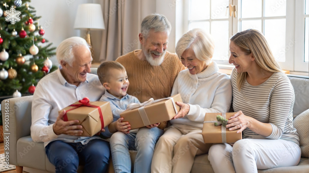 happy family with christmas gift boxes sitting on sofa in living room happy family with christmas gift boxes sitting on sofa in living room