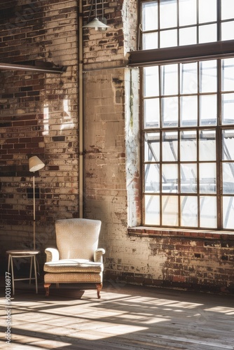 Cozy Armchair in Sunlit Urban Loft With Vintage Brick Walls