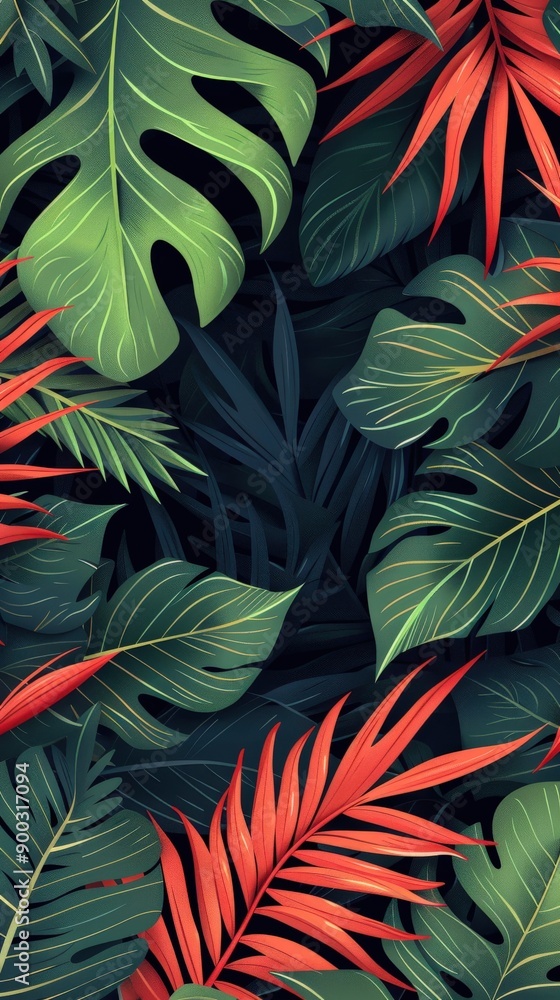 Tropical Leaves Pattern With Green and Red Color Palette Tropical Leaves Pattern With Green and Red Color Palette