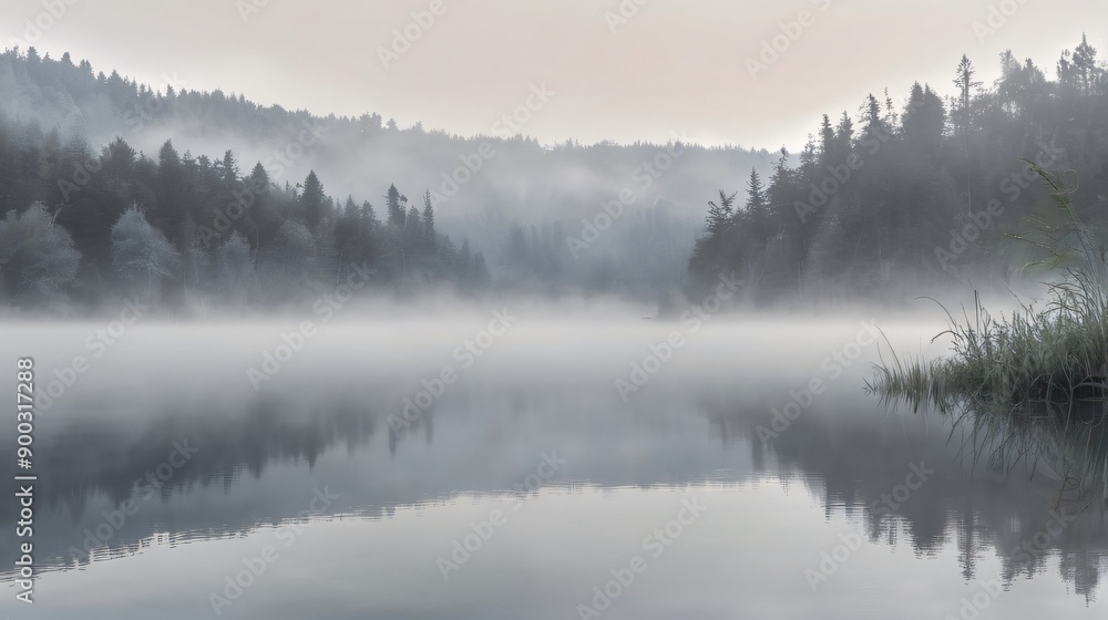 Fototapeta premium Enchanted river veiled in ethereal morning mist