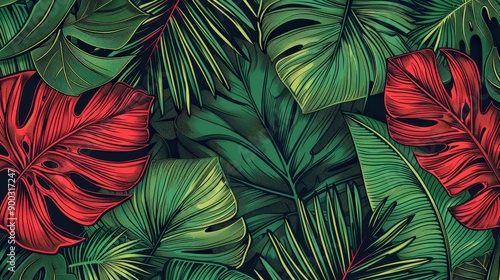 Wallpaper Mural Tropical Leaves Pattern Featuring Green and Red Foliage Torontodigital.ca