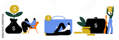 Money saving and investing illustration set. Characters managing investment portfolio, planning invest strategy, savings and budgets. Financial management concept. Vector illustration.