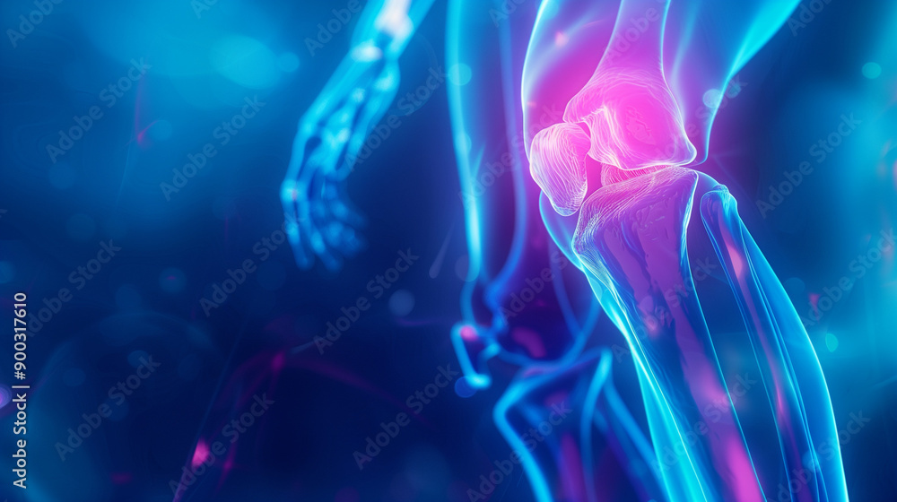 Three-dimensional medical X-ray image of the knee in a blue tint. Knee joint pain, inflammation in a patient suffering from arthritis.
Three-dimensional medical X-ray image of the knee in a blue tint. Knee joint pain, inflammation in a patient suffering from arthritis.