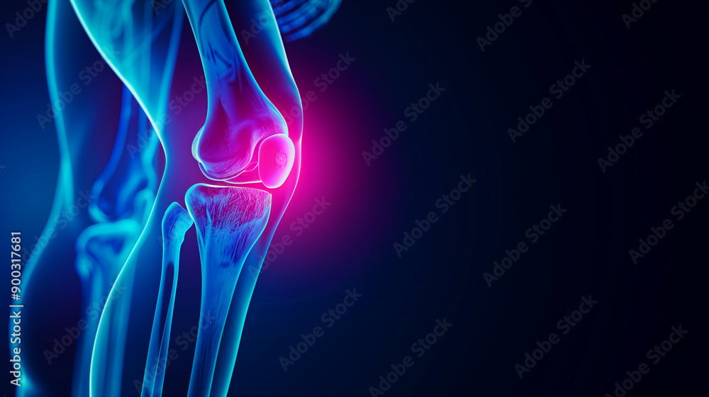 Three-dimensional medical X-ray image of the knee in a blue tint. Knee joint pain, inflammation in a patient suffering from arthritis.
