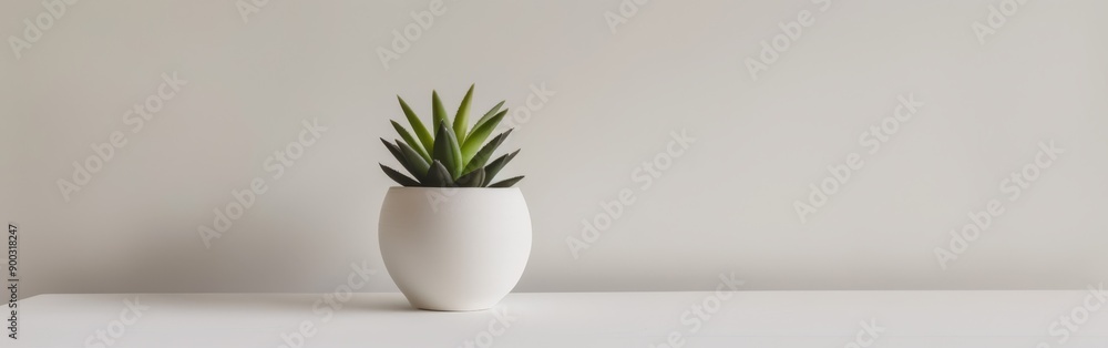 Potted Succulent on Minimalist White Table Against Light Wall Potted Succulent on Minimalist White Table Against Light Wall