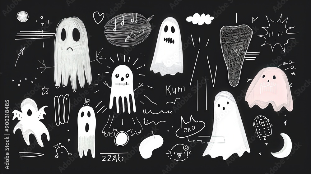 Playful Kawaii Ghost Doodle in Sharp Line Art Style on Black Background for Spooky Fun, Various Shapes Included Playful Kawaii Ghost Doodle in Sharp Line Art Style on Black Background for Spooky Fun, Various Shapes Included