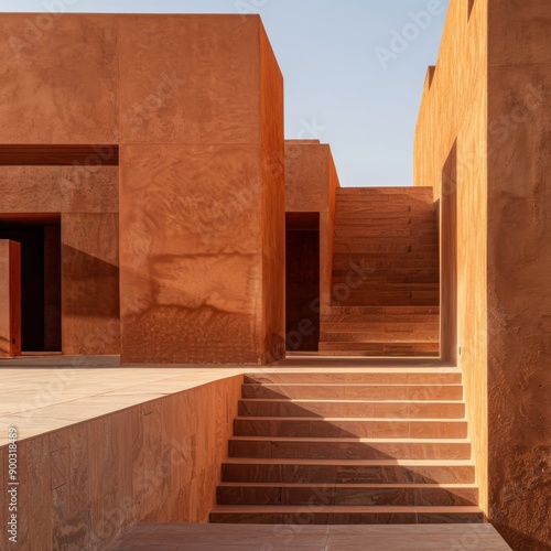 A building with a red exterior and a staircase leading up to it. The building has a modern design and he is a residential or commercial space. The staircase is made of stone