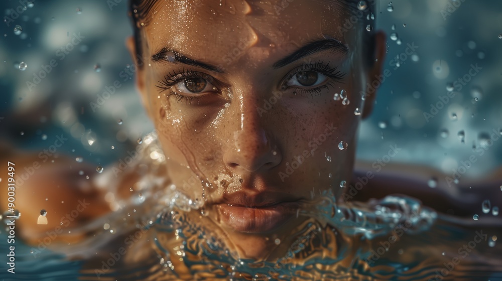 Determined Female Swimmer Exiting Pool with Intense Focus in Captivating Setting Determined Female Swimmer Exiting Pool with Intense Focus in Captivating Setting
