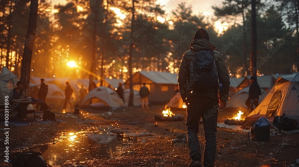 Camping at the campground in the wilderness nearby river and mountain. Hiking and backpack concepts Camping at the campground in the wilderness nearby river and mountain. Hiking and backpack concepts