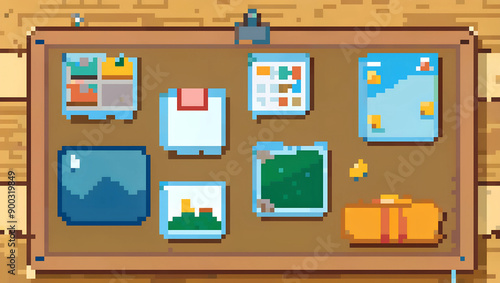 Pixel art illustration of bulletin board with school materials for Back to School