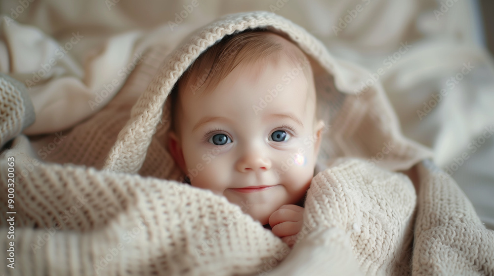 A tiny boy wrapped in a delicate, comfortable blanket. A young newborn looks into the camera with a smile. The joy of childhood in the comfort of home, morning warmth and comfort. A tiny boy wrapped in a delicate, comfortable blanket. A young newborn looks into the camera with a smile. The joy of childhood in the comfort of home, morning warmth and comfort.