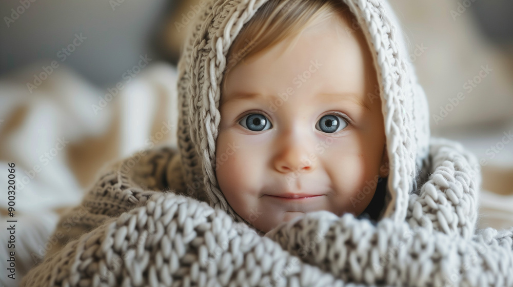 A tiny boy wrapped in a delicate, comfortable blanket. A young newborn looks into the camera with a smile. The joy of childhood in the comfort of home, morning warmth and comfort. A tiny boy wrapped in a delicate, comfortable blanket. A young newborn looks into the camera with a smile. The joy of childhood in the comfort of home, morning warmth and comfort.
