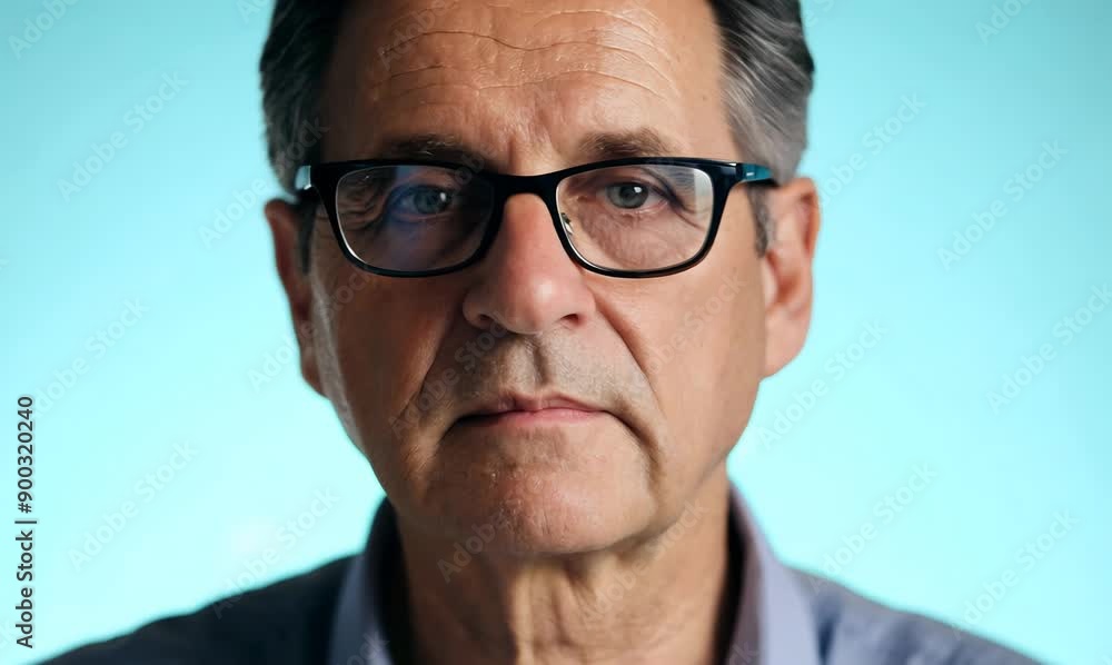 Closeup portrait of senior man with eyeglasses against blue background Closeup portrait of senior man with eyeglasses against blue background