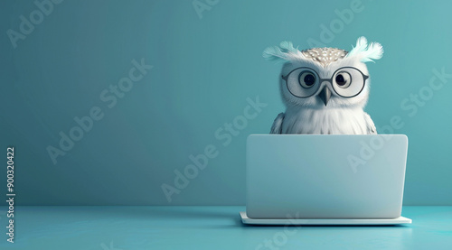 A cute owl wearing glasses is sitting on the laptop with a blue background. An owl with glasses and a surprised look. photo