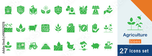 Agriculture solid fill flat vector icon set. containing  trees, fruits, vegetables, fertilizer, poultry and more vector design