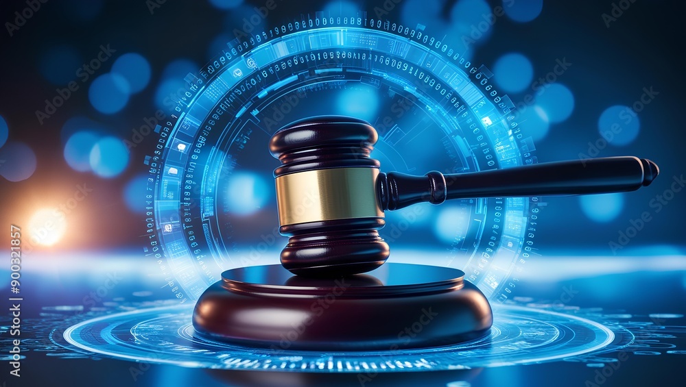 High Tech Blue Digital Gavel Surrounded by Digital Data on Blue Bokeh Background, Representing the Justice. judge hammer. High Tech Blue Digital Gavel Surrounded by Digital Data on Blue Bokeh Background, Representing the Justice. judge hammer.