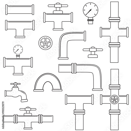 A set of pipelines with taps and water meters. A black outline. Linear illustration. White background. Illustration of a water supply system.