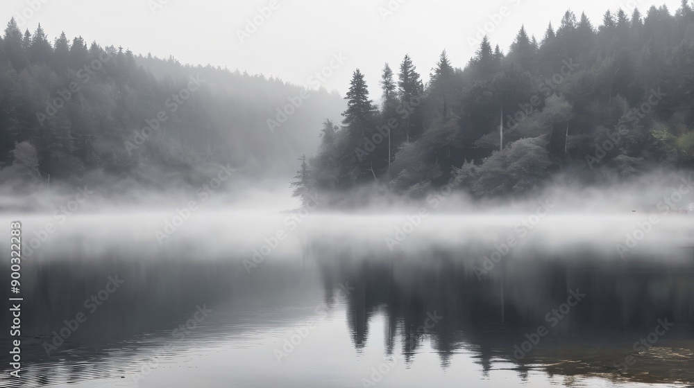 Enchanted river veiled in ethereal morning mist Enchanted river veiled in ethereal morning mist
